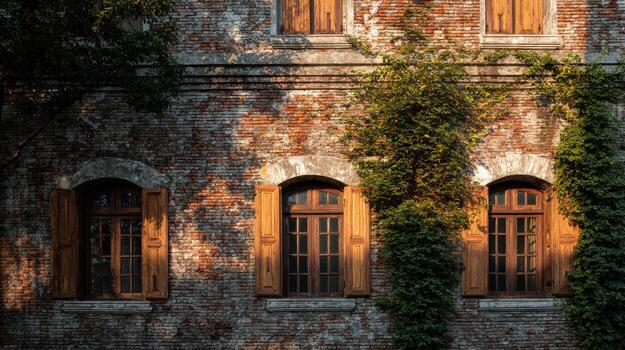 ladrillo edificio fachada con de madera ventanas y alpinismo hiedra. histórico arquitectura con natural elementos foto