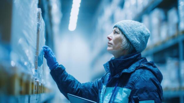 Warehouse Worker Inspecting Inventory In Cold Storage Facility. Efficient Logistics And Supply Chain Management photo