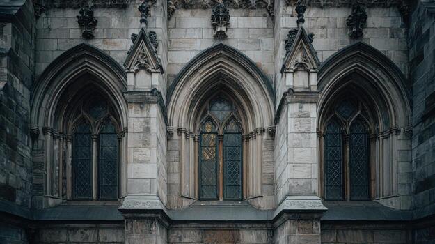 Gothic Cathedral Windows With Intricate Stonework. Architectural Detail Of Historic Building photo