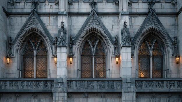 Gothic Architecture With Ornate Arched Windows And Stone Carvings. Historic Building Facade photo