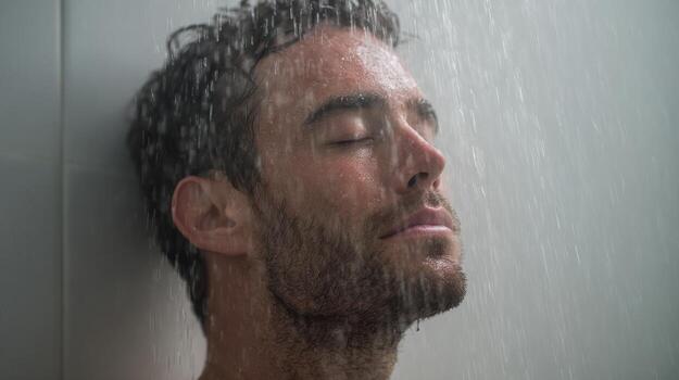 Man Enjoying A Relaxing Shower With Eyes Closed. Serenity And Refreshment In Daily Routine photo