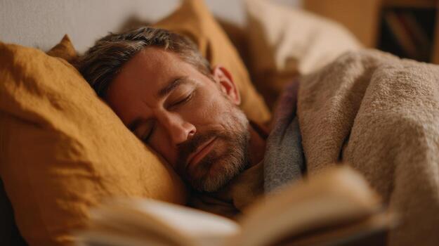 Man Sleeping Peacefully With Book In Bed. Relaxation And Rest In Cozy Home Environment photo