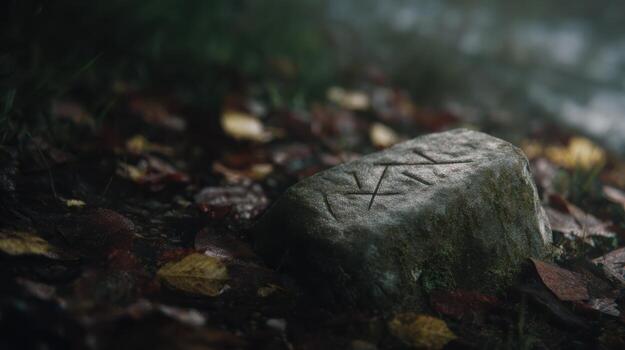 Stone With Ancient Carvings Surrounded By Autumn Leaves. Mysterious Symbol In Natural Setting photo