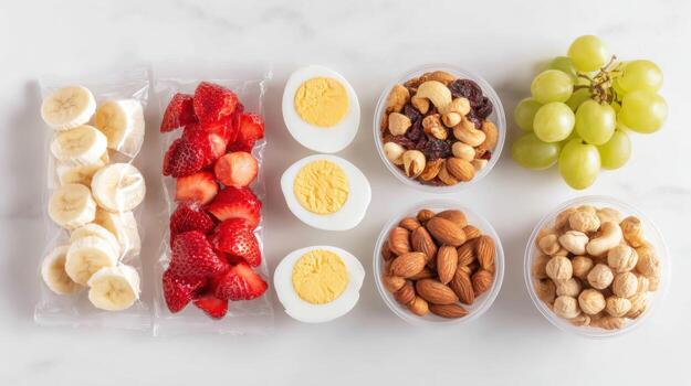 Assorted Healthy Snacks With Fruits, Nuts, And Eggs On White Background. Nutritious Options For Balanced Diet photo