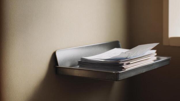 Stack Of Papers On Metal Shelf In Office Setting. Organization And Document Management photo