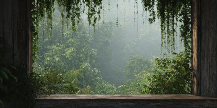 Lush Greenery Framed By Rustic Wooden Window. Serene View Of Misty Jungle Landscape photo