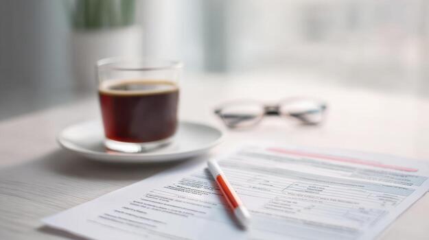 Documents And Coffee On A Desk With Glasses. Office Work And Productivity Setting photo