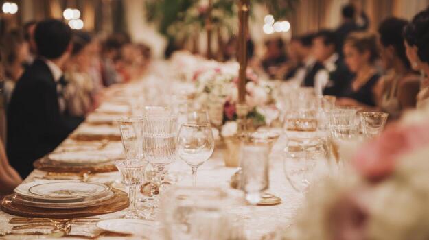 Elegant Banquet Table Setting With Crystal Glassware And Floral Centerpieces. Luxurious Dining Experience At A Formal Event photo
