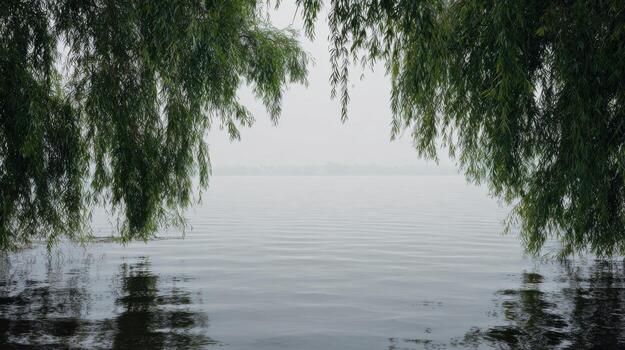 Serene Lake View Framed By Lush Green Tree Branches. Peaceful Nature Scene Evokes Tranquility And Calm photo