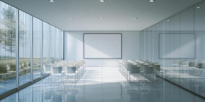 Modern Conference Room With Glass Walls And Rows Of Chairs Facing A Blank Screen. Ideal For Corporate Meetings And Presentations photo