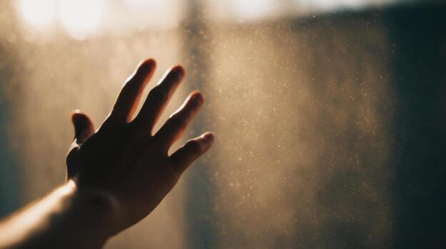 Hand Reaching Towards Sunlight Through Dust Particles. Symbolizes Hope And Connection photo