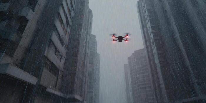 Drone Flying Between Tall Buildings In Heavy Rain. Urban Surveillance And Technology In Adverse Weather Conditions photo