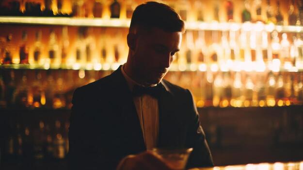 Bartender In Dimly Lit Bar With Blurred Bottles In Background. Elegant Nightlife Atmosphere photo
