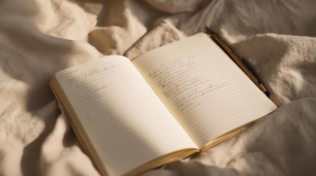 Open Journal With Handwritten Notes On A Cozy Bed. Reflective Writing And Personal Thoughts photo