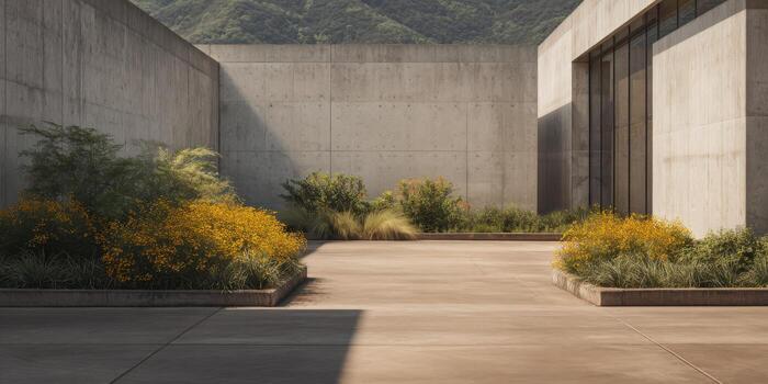 Modern Architectural Courtyard With Concrete Walls And Vibrant Garden. Minimalist Design Blending Nature And Structure photo