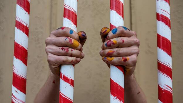 Hands Covered in Paint Holding Red and White Striped Posts photo