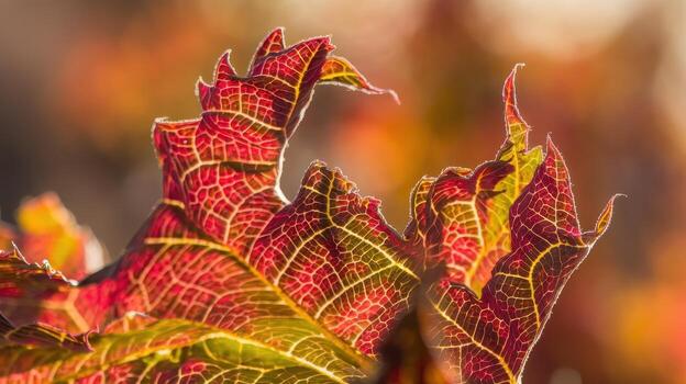 Close up of an Autumn Leaf Showing Vibrant Red and Yellow Colors at Golden Hour photo