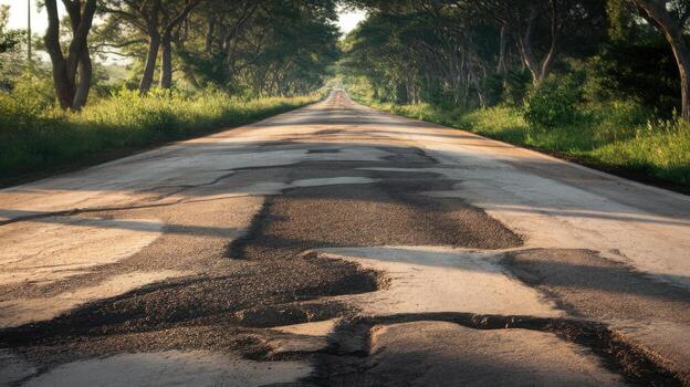 Dirt Road With Potholes Stretches Into the Distance Through the Trees photo