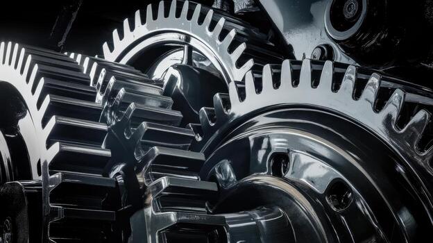 Close up of Shiny Silver Gears in an Engine Mechanical Assembly photo