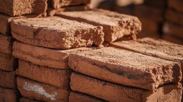 Stack of Handmade Bricks Shows Construction Materials photo