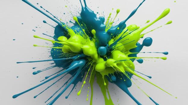 Colorful Paints Exploding on a White Background With Teal and Neon Green Hues photo