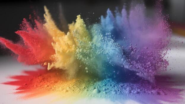 vistoso polvo explotando creando un arco iris efecto en un blanco superficie foto