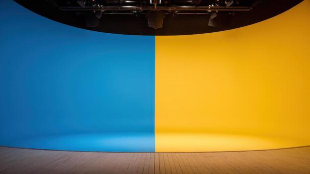 Empty Colorful Studio Room With Blue and Yellow Seamless Background photo
