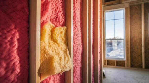 Installing Insulation in a New Home Construction on a Winter Day photo