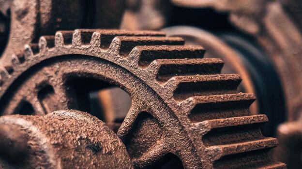 Close up of Vintage Gears and Cogs Covered With Rust Showing Industrial Decay photo