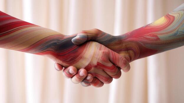 People Shaking Hands With Artistic Paint Textures in the Studio During the Day photo