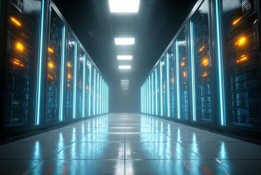 Data center corridor with glowing server racks photo