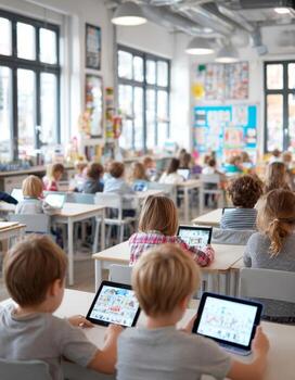 Children learning with digital tablets in elementary classroom photo