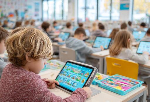 Children learning with digital tablets in classroom photo