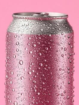 Pink sparkling drink can with water drops photo