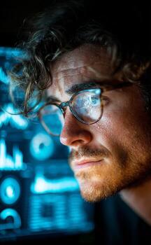 Man wearing eyeglasses looking at computer screen with data photo