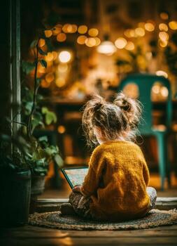 Little girl child learning reading on digital tablet photo