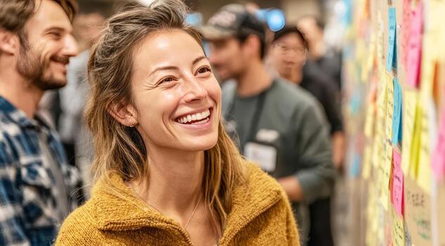 Woman smiling during collaborative brainstorming workshop photo