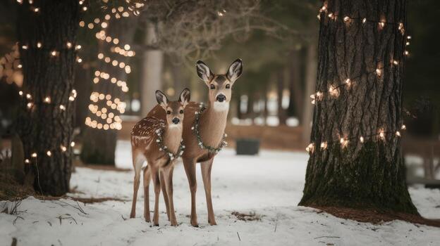 Doe and Fawn Stand in Snow Surrounded by Festive Lights on Trees photo