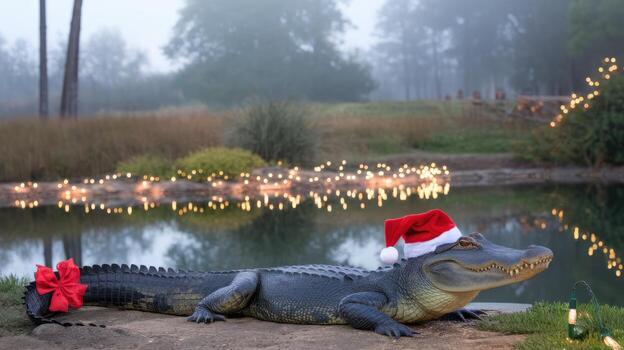 Alligator Dressed for Christmas Near a Pond With String Lights on a Foggy Evening photo
