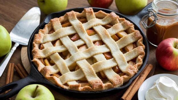 Freshly Baked Apple Pie With Lattice Crust on a Rustic Wooden Table photo