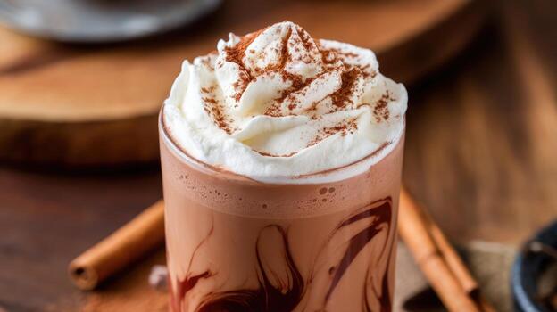 Chocolate Milkshake With Whipped Cream and Cinnamon Sticks on a Table photo