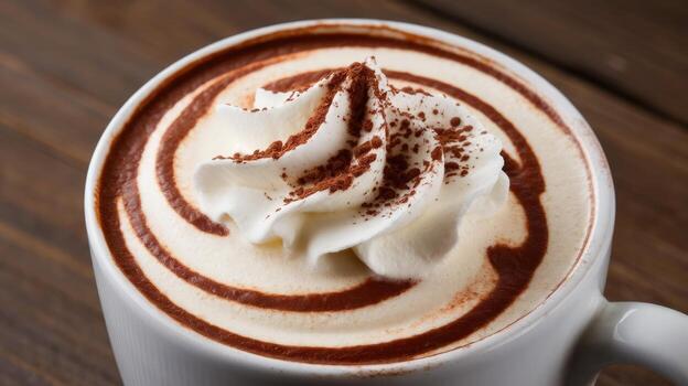 Cup of Delicious Mocha Latte With Chocolate Swirls and Whipped Cream photo