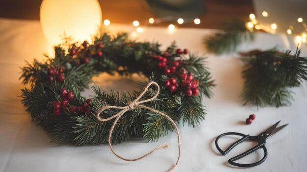 Evergreen Holiday Wreath With Red Berries and Twine Bow, Lit by String Lights photo