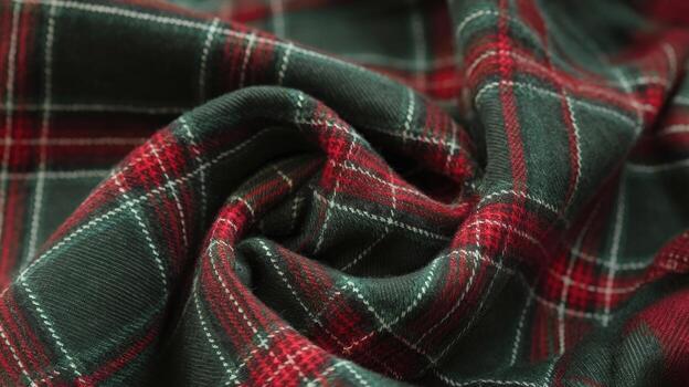 Detailed Close up of Red, Green, and White Tartan Fabric Creating a Draped Texture photo