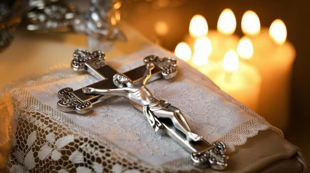 Silver Crucifix Rests on Lace Cloth With Lit Candles in Background photo