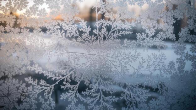 Frost Patterns On Glass Window in Winter Morning Light photo