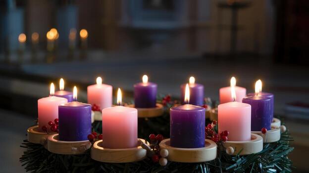 Lit Advent Wreath With Candles in Church During Christian Tradition photo