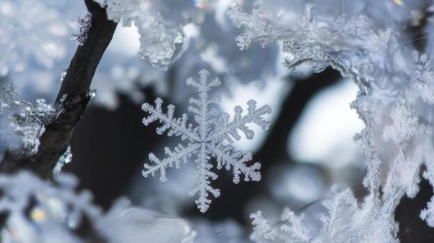 Snowflake Resting on a Branch in Wintertime Under Cold Conditions in Snowy Environment photo