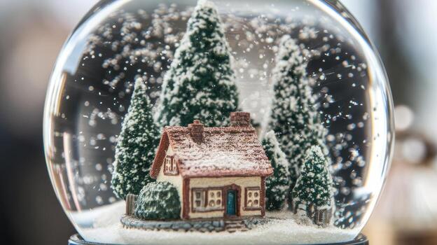 Small House and Snowy Fir Trees Inside a Christmas Snow Globe photo