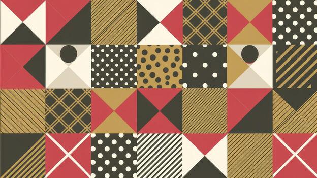 Geometric Patterns in Red, Gold, Black and White With Dots, Squares, Lines and Triangles photo